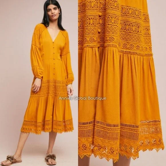 RARE NWT ANTHROPOLOGIE Golden Peasant Embroidered Maxi Dress. Size 4 - Picture 6 of 16